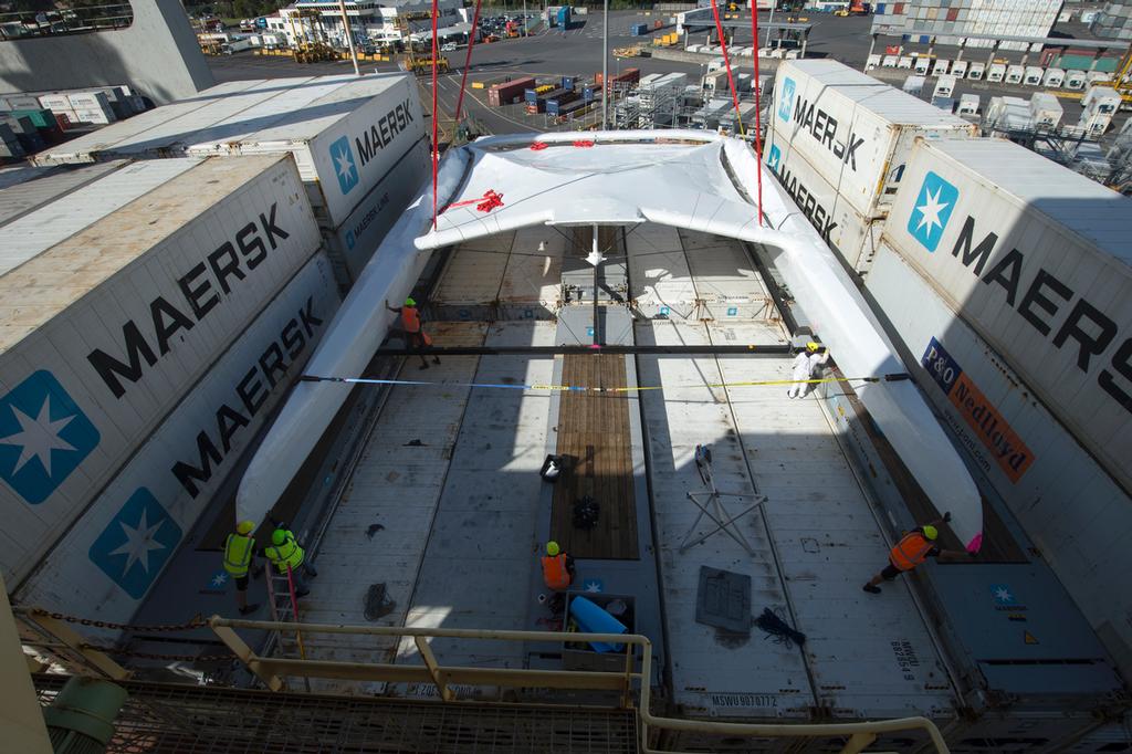 Emirates Team New Zealand AC72,  NZL5 is lifted on to the Maersk Line container ship, Maersk Jubail for the beginning of the journey to San Francisco. 18/4/2013 © Chris Cameron/ETNZ http://www.chriscameron.co.nz
